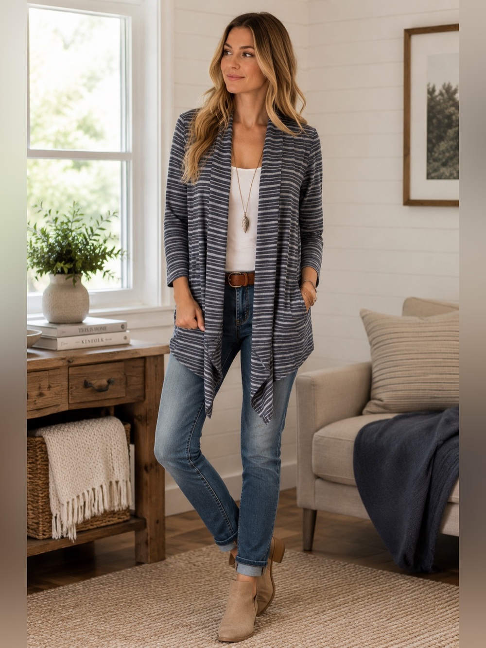 Tupelo Honey USA Striped Waterfall Open Front Cardigan Gray Navy M